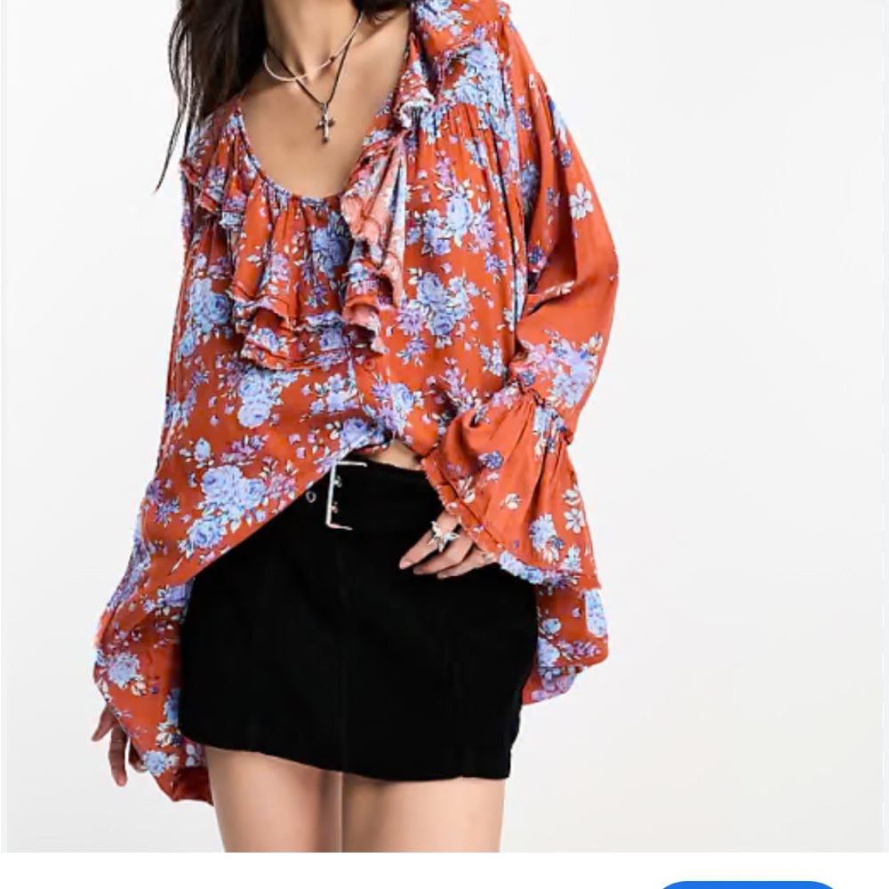Free People Amanda Ruffle Red and Blue Bell Sleeve Tunic